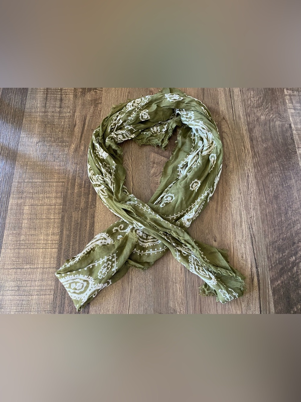 Olive Green Paisley Scarf with White Print